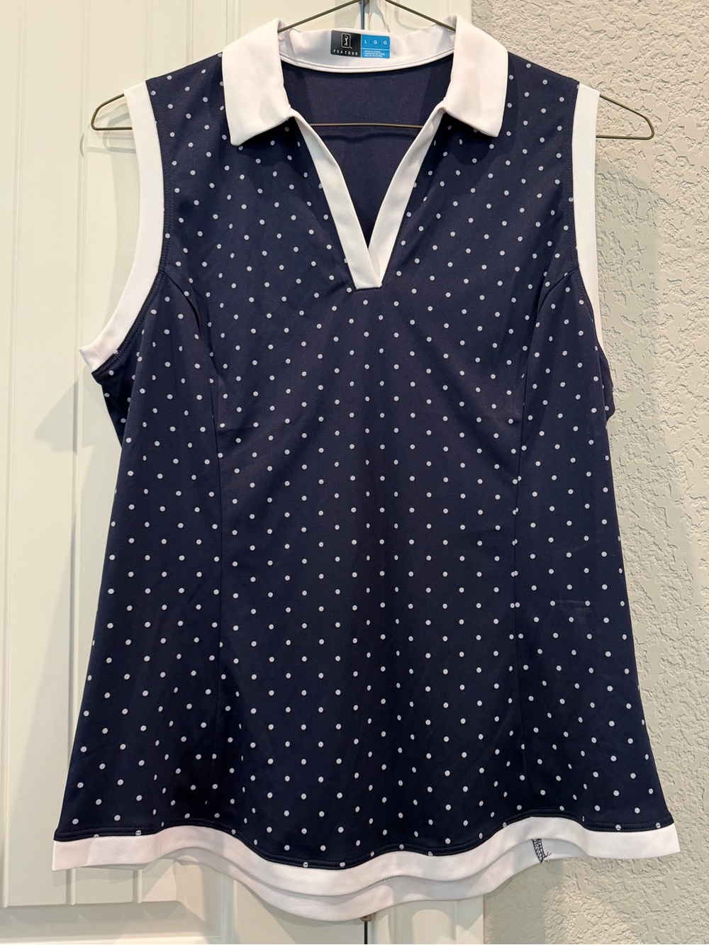 PGA Golf Tour Navy Polka Dot Sleeveless Polo with White Trim